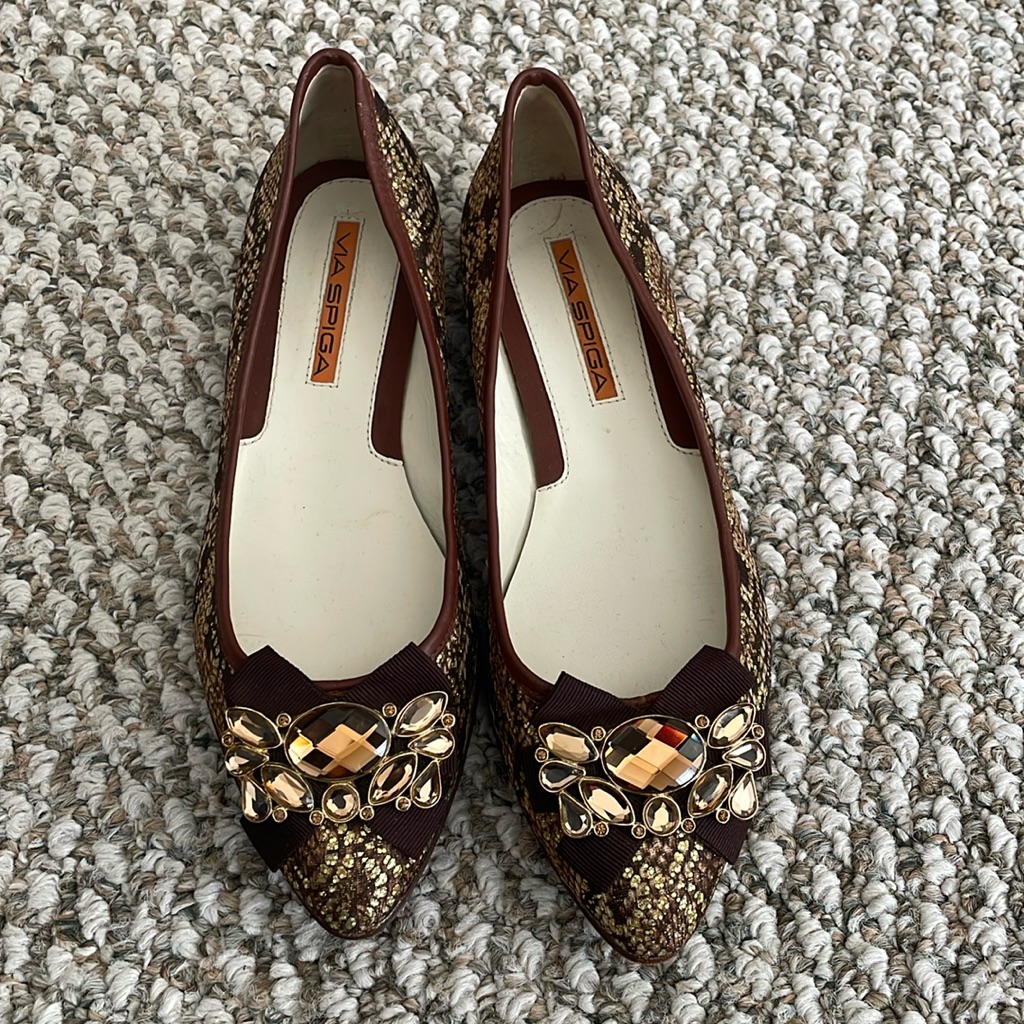 Via Spiga Bosh Gold Brown Snake Rhinestone Glitter Slip On Flats
